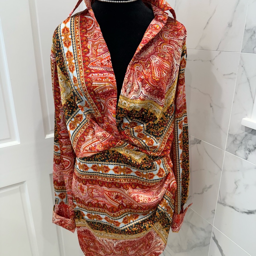 VACATION READY SATIN SHIRT MINI WRAP DRESS by Luxxel